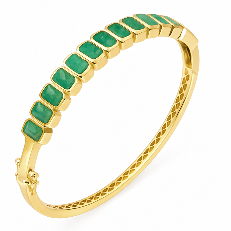 SPECIAL! 8.62ct 14kt Yellow Gold Emerald Gemstone Bezel Set Bangle Bracelet