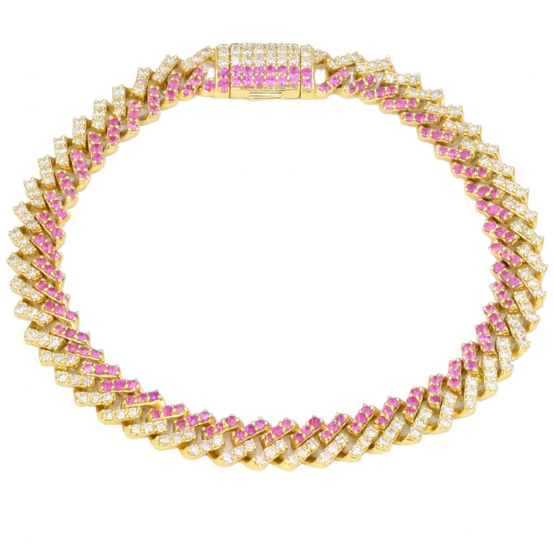 SPECIAL! 3.92ct G SI 14kt Yellow Gold Diamond & Pink Sapphire Square Cuban Gemstone Bracelet 7" Long
