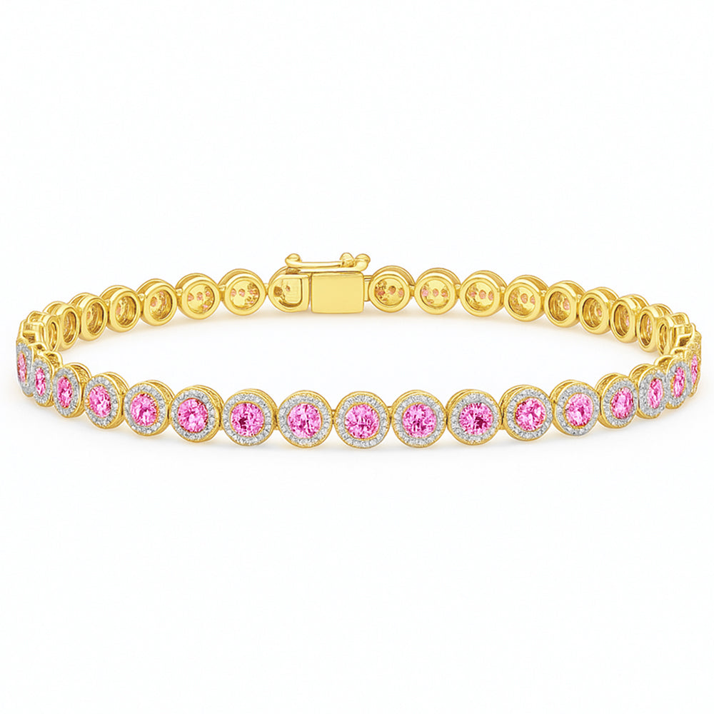 SPECIAL! 4.85ct G SI 14KT Yellow Gold Diamond & Pink Sapphire Gemstone Halo Tennis Bracelet 7.25"