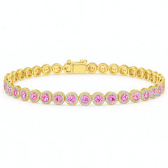 SPECIAL! 4.85ct G SI 14KT Yellow Gold Diamond & Pink Sapphire Gemstone Halo Tennis Bracelet 7.25"