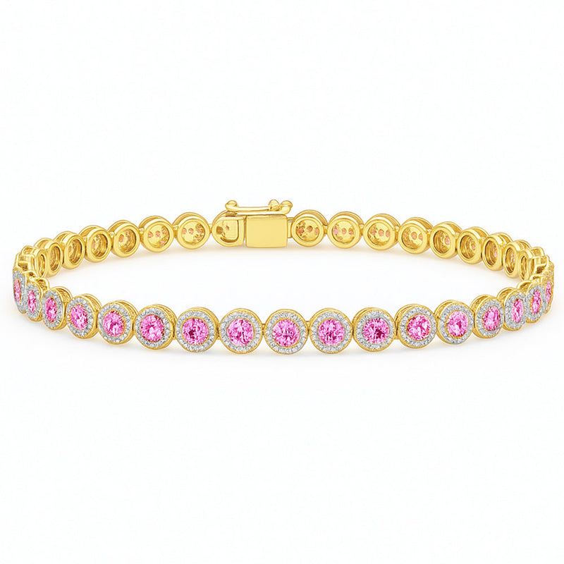 SPECIAL! 4.85ct G SI 14KT Yellow Gold Diamond & Pink Sapphire Gemstone Halo Tennis Bracelet 7.25"