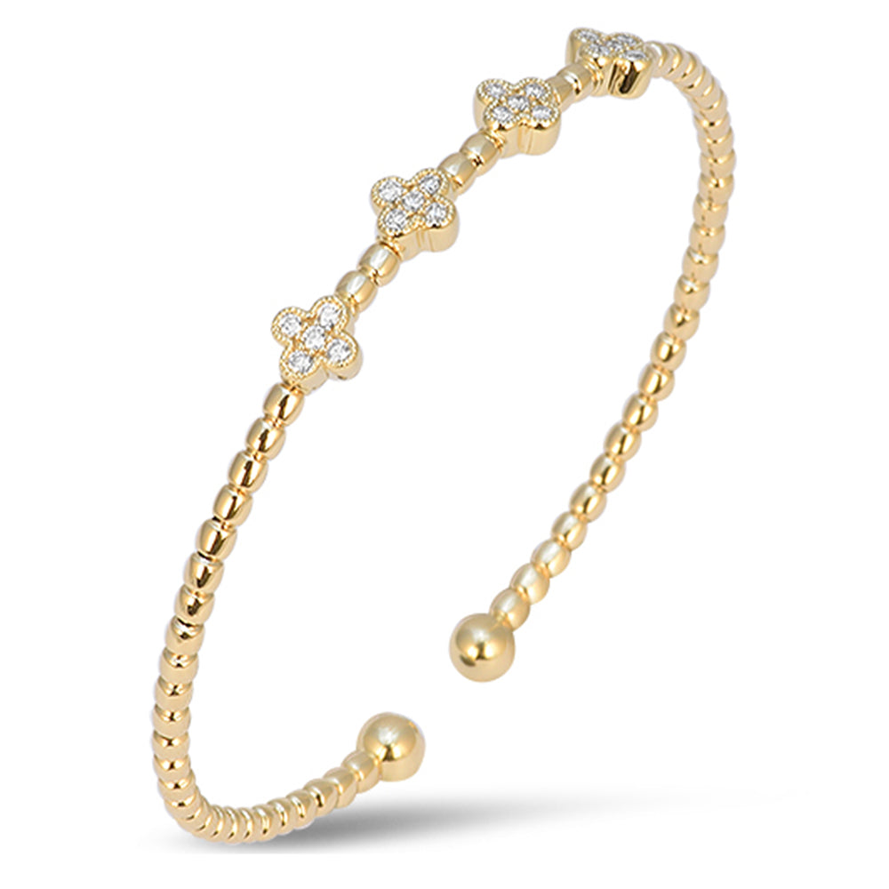 SPECIAL! .32ct G SI 14kt Yellow Gold Diamond Beaded Clover Open Cuff Bangle