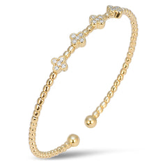 SPECIAL! .32ct G SI 14kt Yellow Gold Diamond Beaded Clover Open Cuff Bangle
