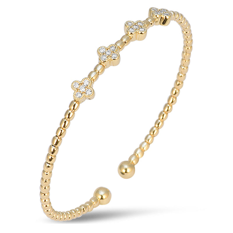 SPECIAL! .32ct G SI 14kt Yellow Gold Diamond Beaded Clover Open Cuff Bangle