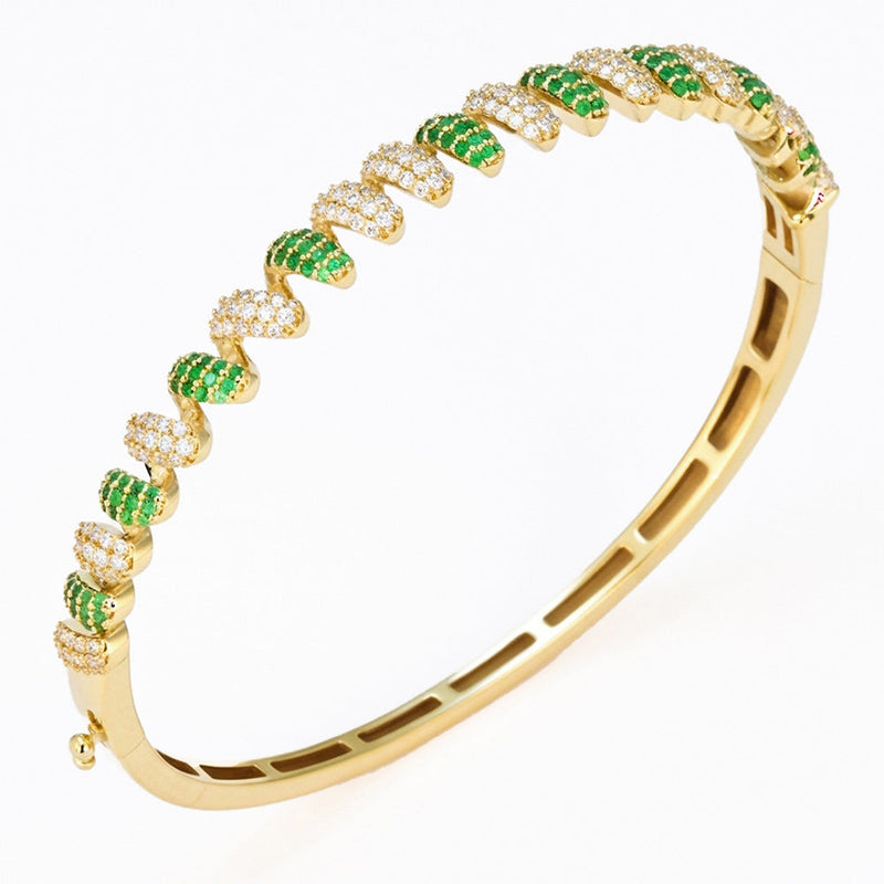 SPECIAL! 1.21ct G SI 14kt Yellow Gold Diamond & Emerald Spiral Design Bangle Bracelet