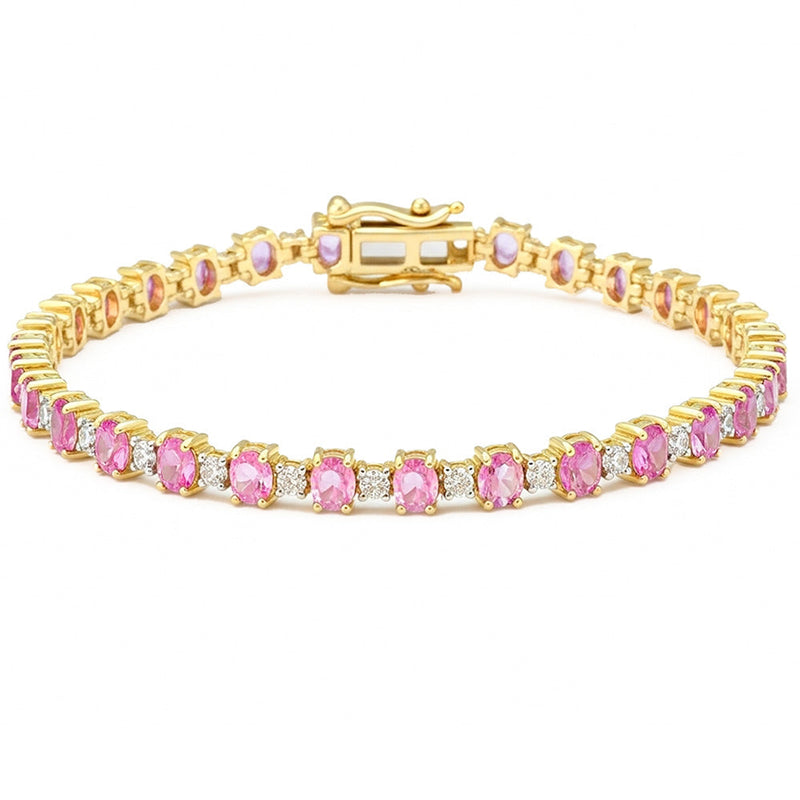 SPECIAL! 6.85ct G SI 14kt Yellow Gold Diamond & Pink Sapphire Gemstone Bracelet 7" Long