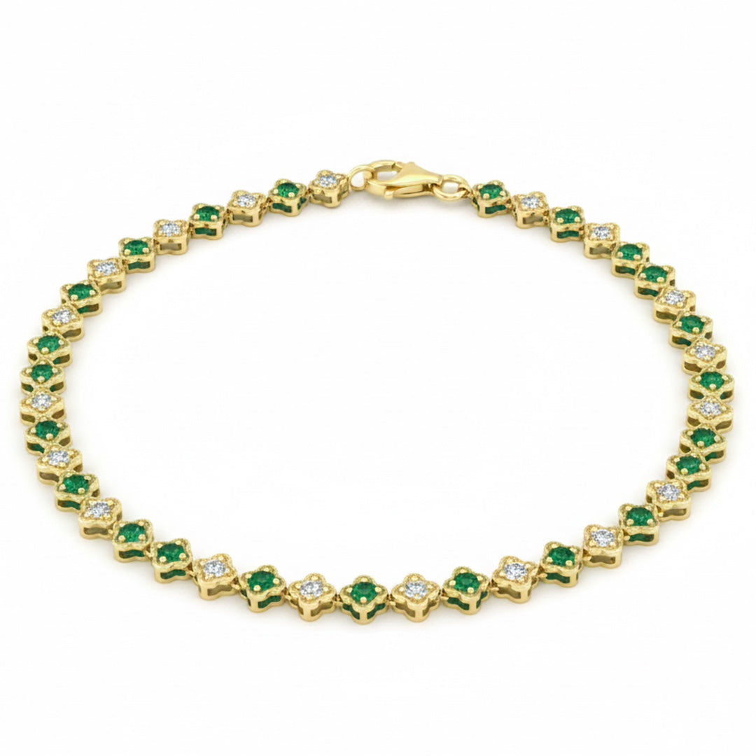 SPECIAL! 1.39ct G SI 14kt Yellow Gold Diamond & Emerald Gemstone Clover Bracelet 7.25" Long