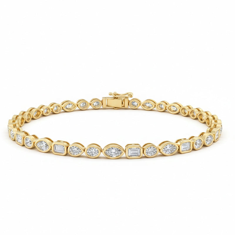 SPECIAL! 3.49ct G SI 14kt Yellow Gold Multi Shape Diamond Bezel Set Bracelet 7" Long