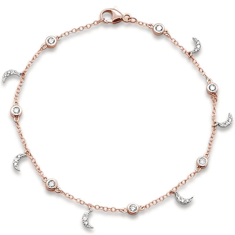 DIAMOND CLOSEOUT!  .34ct 14k Rose Gold Diamond Dangling Crescent Moon Charm Bracelet 6.5"