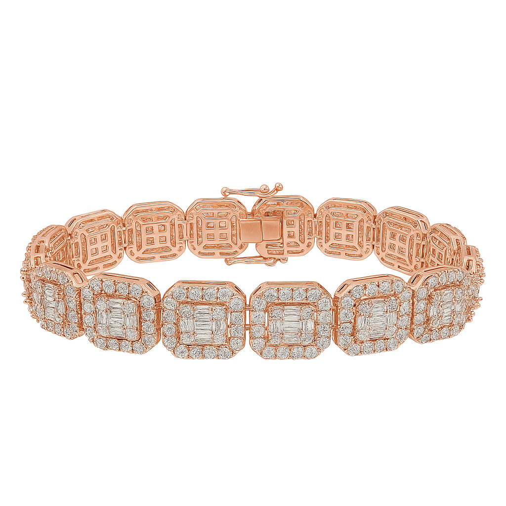 DIAMOND CLOSEOUT!  12mm 15.50ct G SI 14K Rose Gold Round & Baguette Diamond Bracelet 8.5"