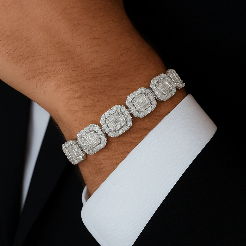 DIAMOND  CLOSEOUT!  12mm 15.16ct G SI 14K White Gold Round & Baguette Diamond Bracelet 8"