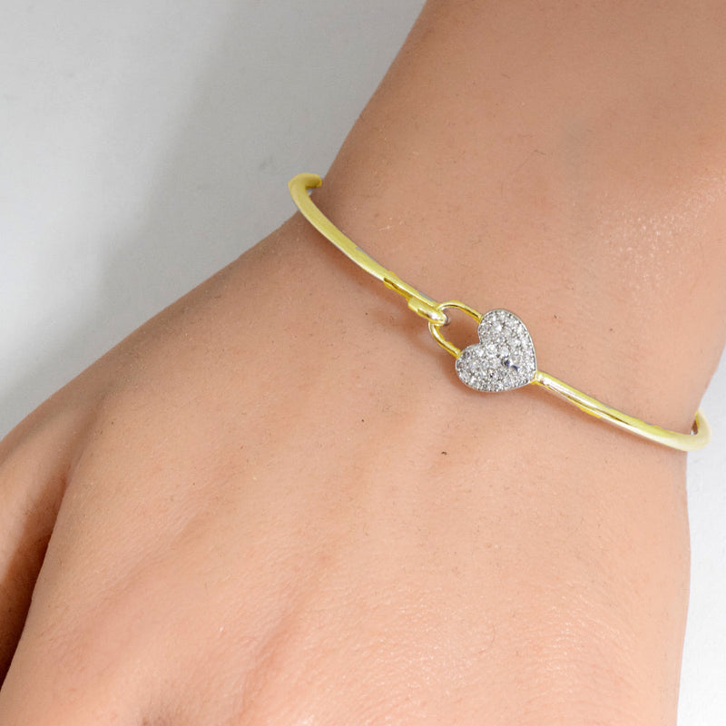 DIAMOND CLOSEOUT! .20ct G SI 14K Yellow Gold Diamond Heart Lock Wrap around Hook Bangle Bracelet 7" Long