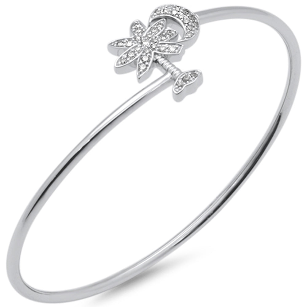 DIAMOND CLOSEOUT! .25ct G SI 14K White Gold Diamond Wrap around Palm Tree & Moon Bangle Bracelet 7" Long