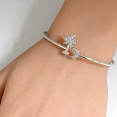 DIAMOND CLOSEOUT! .25ct G SI 14K White Gold Diamond Wrap around Palm Tree & Moon Bangle Bracelet 7" Long