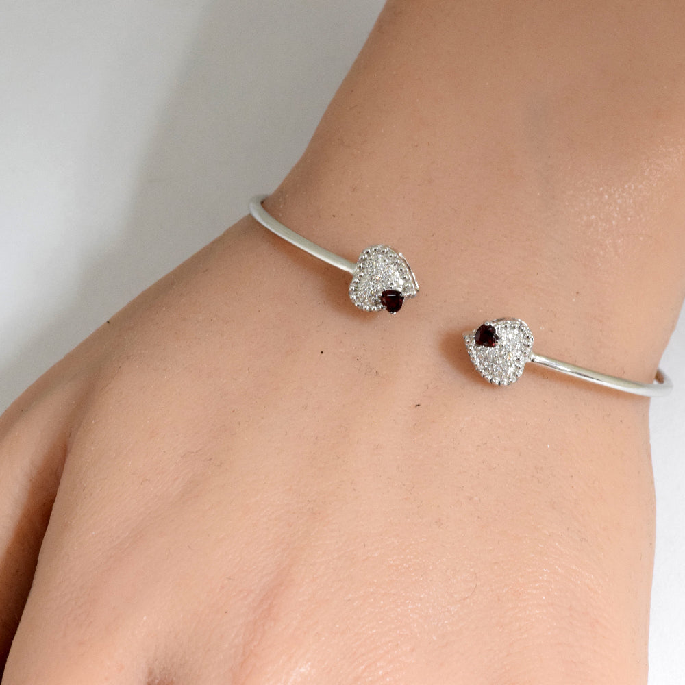 DIAMOND CLOSEOUT!  .68ct G SI 14K White Gold Garnet & Diamond Heart Shaped Open Bangle Bracelet