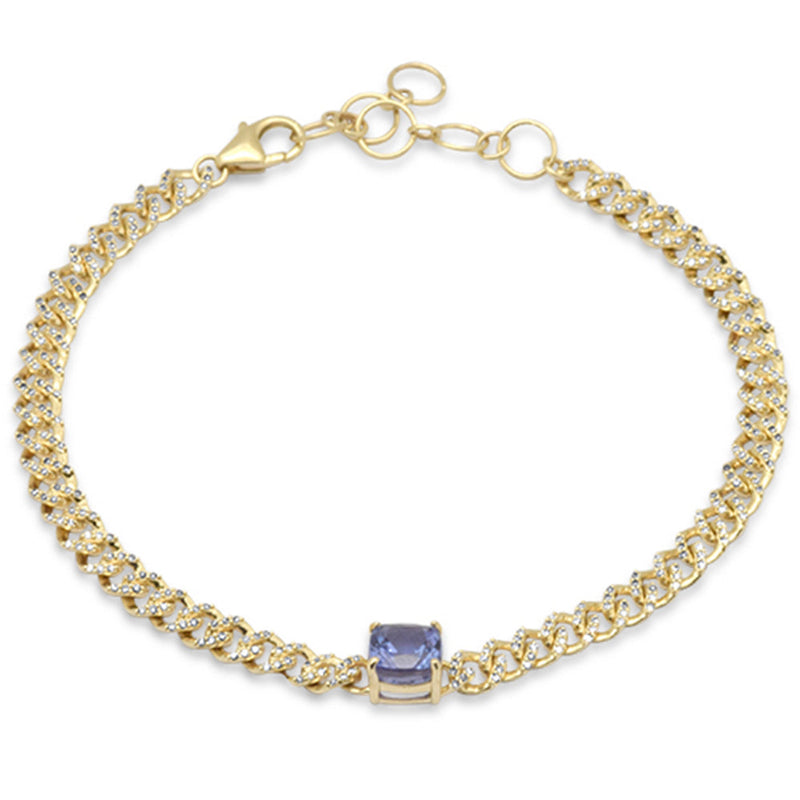 SPECIAL!1.97ct G SI 14K Yellow Gold Cushion Shaped Tanzanite Gemstone & Diamond Cuban Bracelet 6+1.5" Long