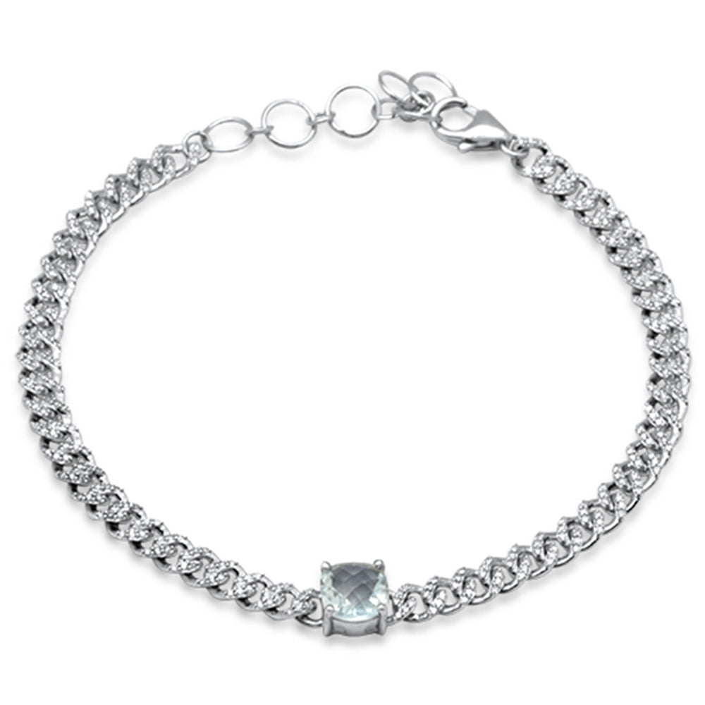 SPECIAL!1.44ct G SI 14K White Gold Cushion Shaped Aqua Gemstone & Diamond Cuban Bracelet 6+1.5" Long