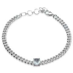 SPECIAL!1.44ct G SI 14K White Gold Cushion Shaped Aqua Gemstone & Diamond Cuban Bracelet 6+1.5" Long