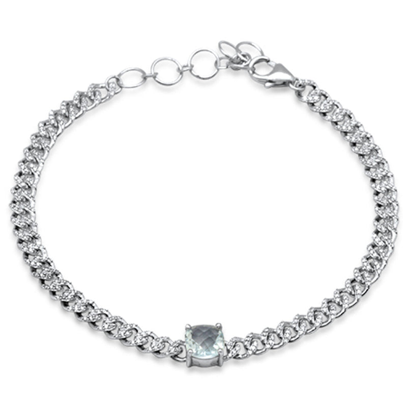 SPECIAL!1.44ct G SI 14K White Gold Cushion Shaped Aqua Gemstone & Diamond Cuban Bracelet 6+1.5" Long