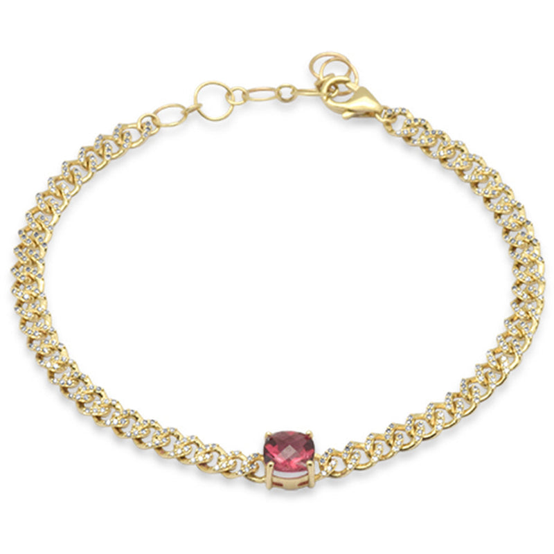 SPECIAL!1.45ct G SI 14K Yellow Gold Cushion Shaped Pink Tourmaline Gemstone & Diamond Cuban Bracelet 6+1.5" Long