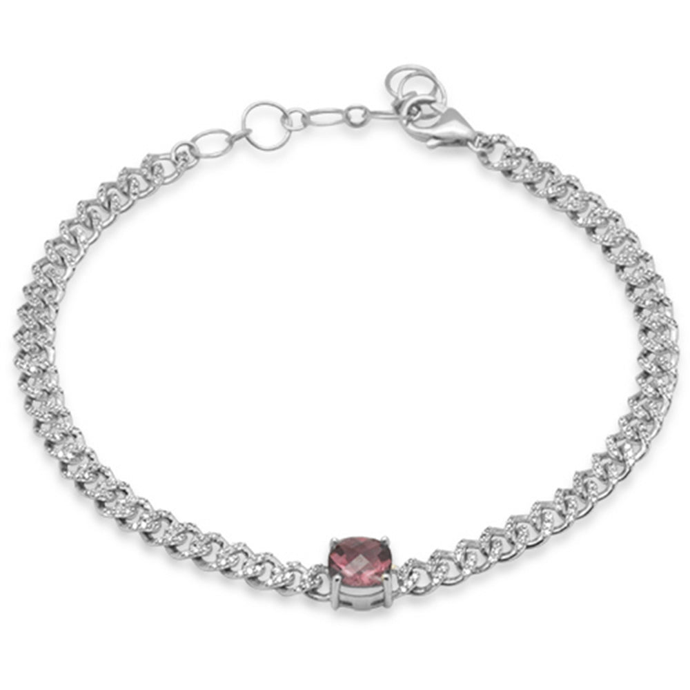 SPECIAL! 1.39ct G SI 14K White Gold Cushion Shaped Pink Tourmaline Gemstone & Diamond Cuban Bracelet 6+1.5" Long