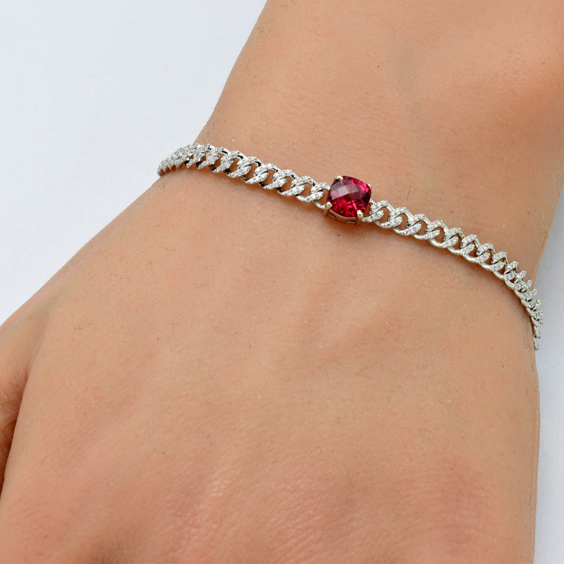 SPECIAL! 1.39ct G SI 14K White Gold Cushion Shaped Pink Tourmaline Gemstone & Diamond Cuban Bracelet 6+1.5" Long