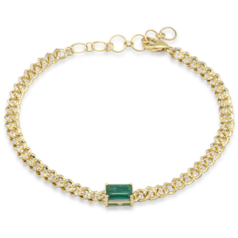 SPECIAL!1.06ct G SI 14K Yellow Gold Emerald Gemstone & Diamond Cuban Bracelet 6+1.5" Long