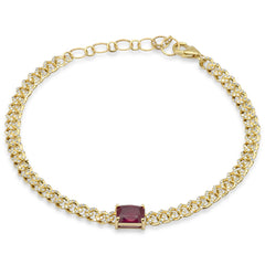 SPECIAL!1.88ct G SI 14K Yellow Gold Ruby Gemstone & Diamond Cuban Bracelet 6+1.5" Long