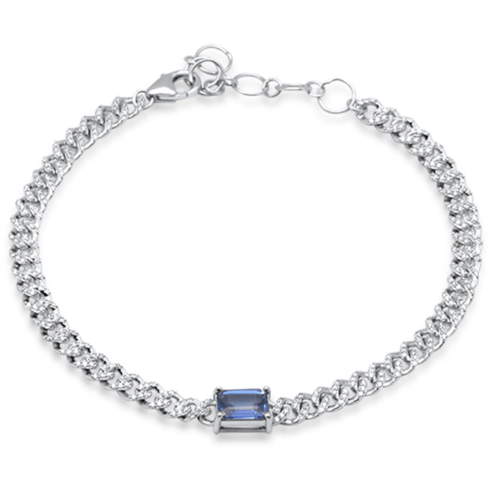 SPECIAL!1.20ct G SI 14K White Gold Blue Sapphire Gemstone & Diamond Cuban Bracelet 6+1.5" Long