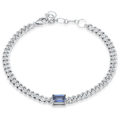 SPECIAL!1.20ct G SI 14K White Gold Blue Sapphire Gemstone & Diamond Cuban Bracelet 6+1.5" Long