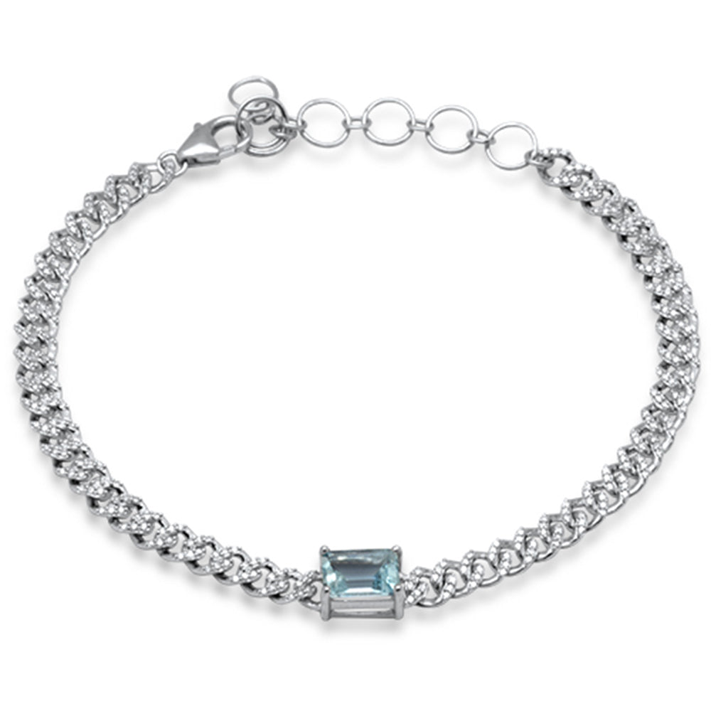 SPECIAL!1.53ct G SI 14K White Gold Aqua Gemstone & Diamond Cuban Bracelet 6+1.5" Long