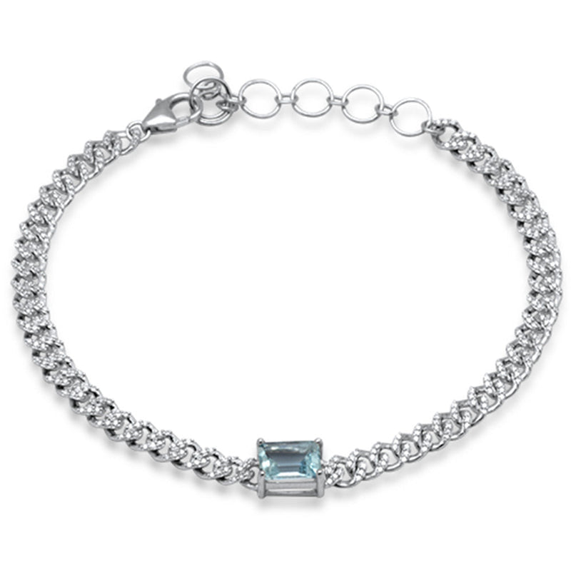 SPECIAL!1.53ct G SI 14K White Gold Aqua Gemstone & Diamond Cuban Bracelet 6+1.5" Long