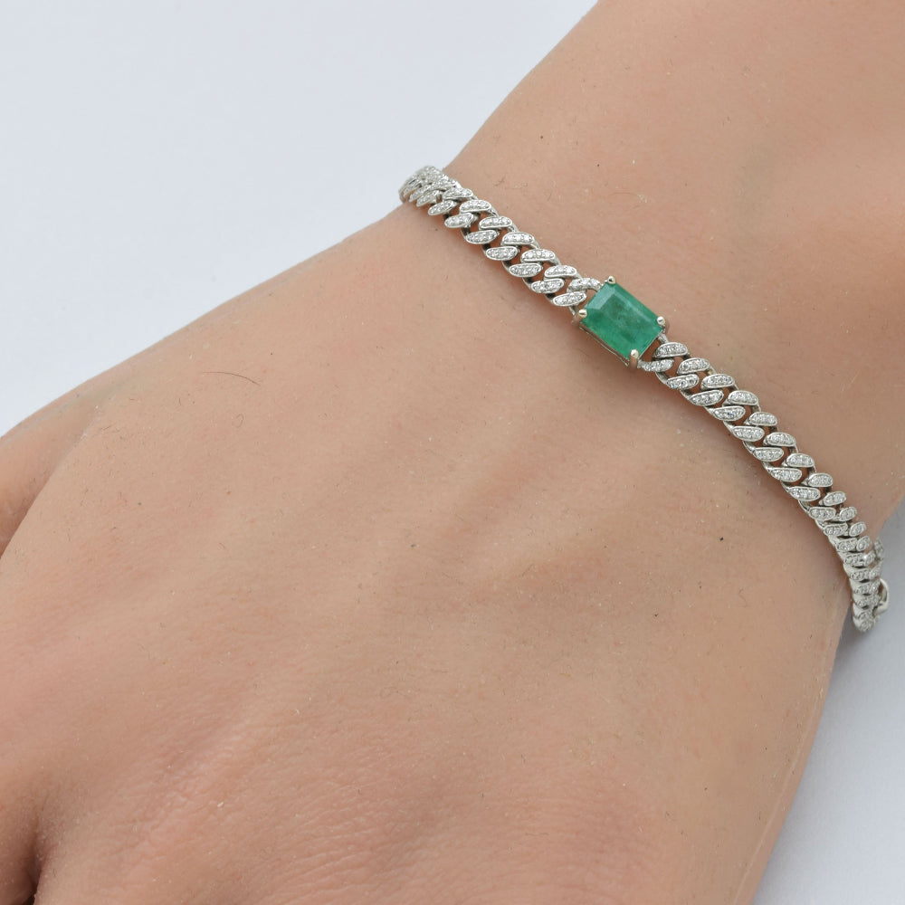 SPECIAL! 1.59ct G SI 14K White Gold Diamond & Emerald Gemstone Chain Bracelet 6+1.5" Long