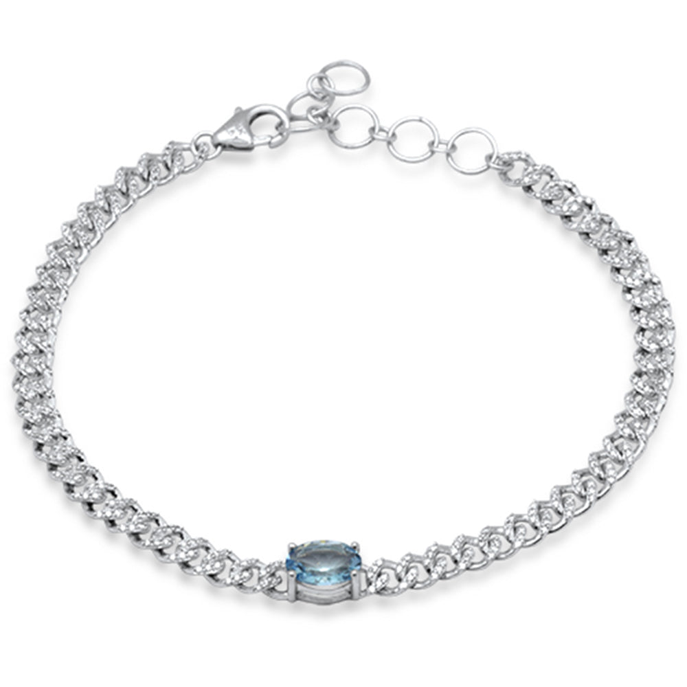 SPECIAL!1.26ct G SI 14K White Gold Oval Aqua Gemstone & Diamond Cuban Bracelet 6+1.5" Long