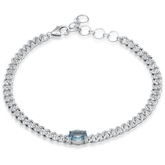 SPECIAL!1.26ct G SI 14K White Gold Oval Aqua Gemstone & Diamond Cuban Bracelet 6+1.5" Long