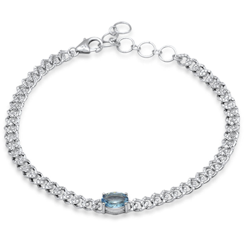 SPECIAL!1.26ct G SI 14K White Gold Oval Aqua Gemstone & Diamond Cuban Bracelet 6+1.5" Long