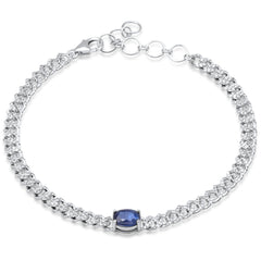 SPECIAL!1.11ct G SI 14K White Gold Oval Blue Sapphire Gemstone & Diamond Cuban Bracelet 6+1.5" Long
