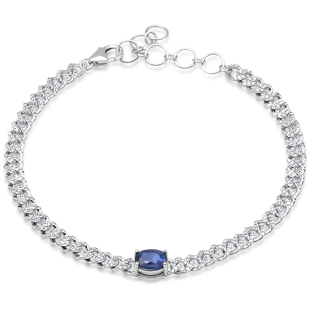 SPECIAL!1.49ct G SI 14K White Gold Oval Blue Sapphire Gemstone & Diamond Cuban Bracelet 6+1.5" Long