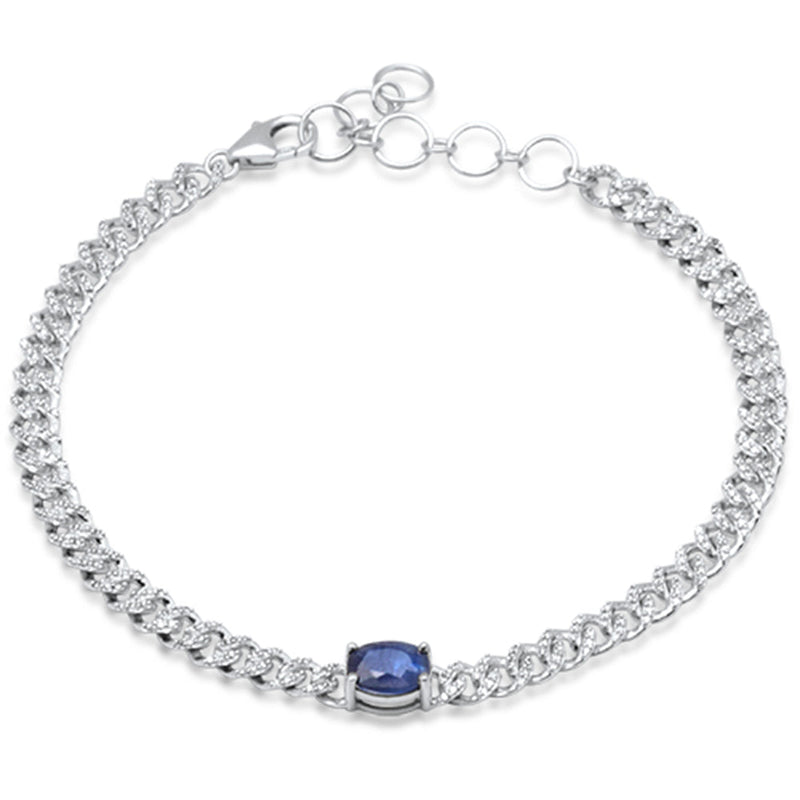 SPECIAL!1.49ct G SI 14K White Gold Oval Blue Sapphire Gemstone & Diamond Cuban Bracelet 6+1.5" Long