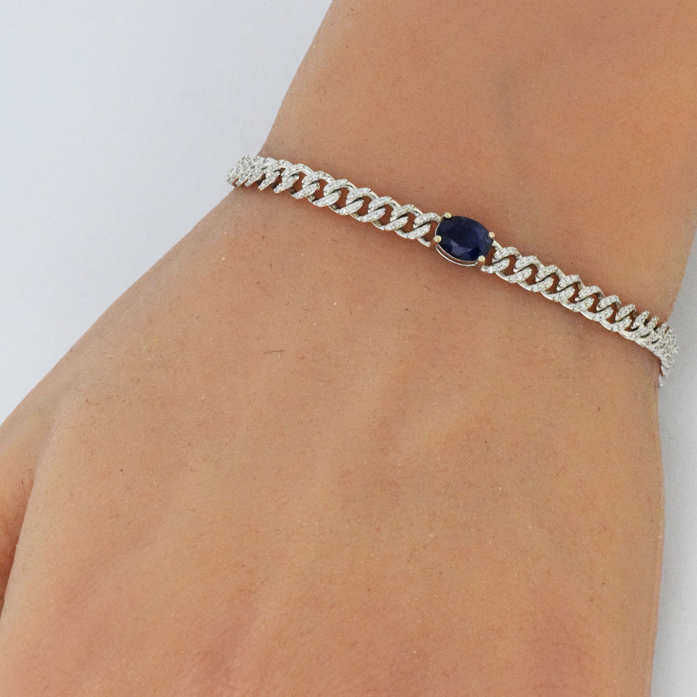 SPECIAL!1.49ct G SI 14K White Gold Oval Blue Sapphire Gemstone & Diamond Cuban Bracelet 6+1.5" Long