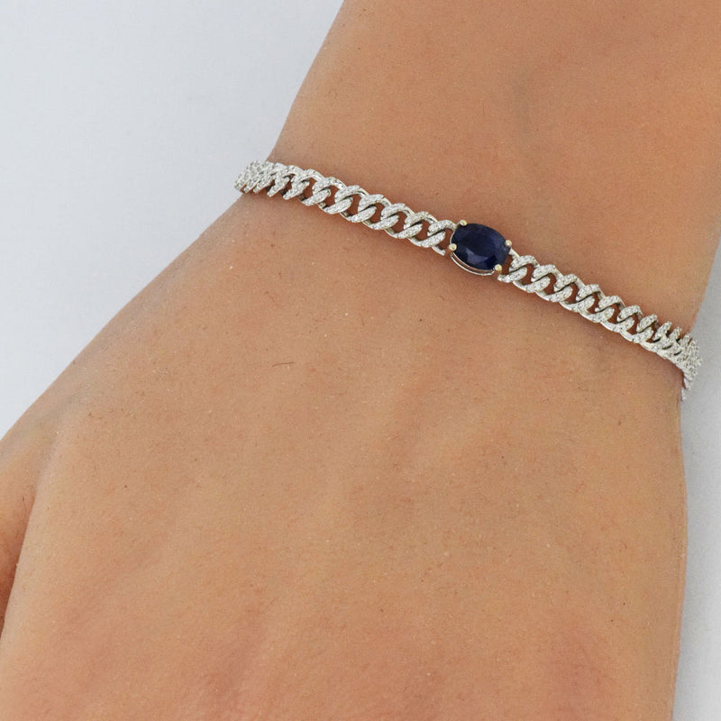 SPECIAL!1.49ct G SI 14K White Gold Oval Blue Sapphire Gemstone & Diamond Cuban Bracelet 6+1.5" Long