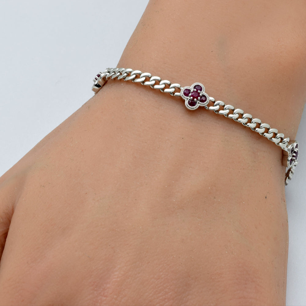 SPECIAL!  .80ct G SI 14K White Gold Ruby Gemstone Flower Cuban Bracelet 7" Long