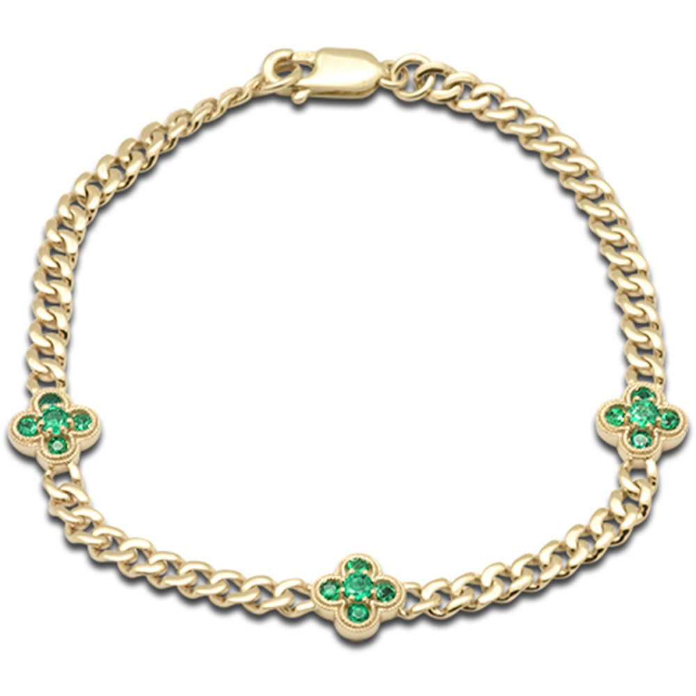 SPECIAL!  .52ct G SI 14K Yellow Gold Emerald Gemstone Flower Cuban Bracelet 7" Long
