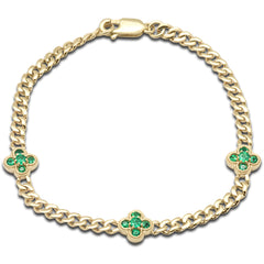 SPECIAL!  .52ct G SI 14K Yellow Gold Emerald Gemstone Flower Cuban Bracelet 7" Long