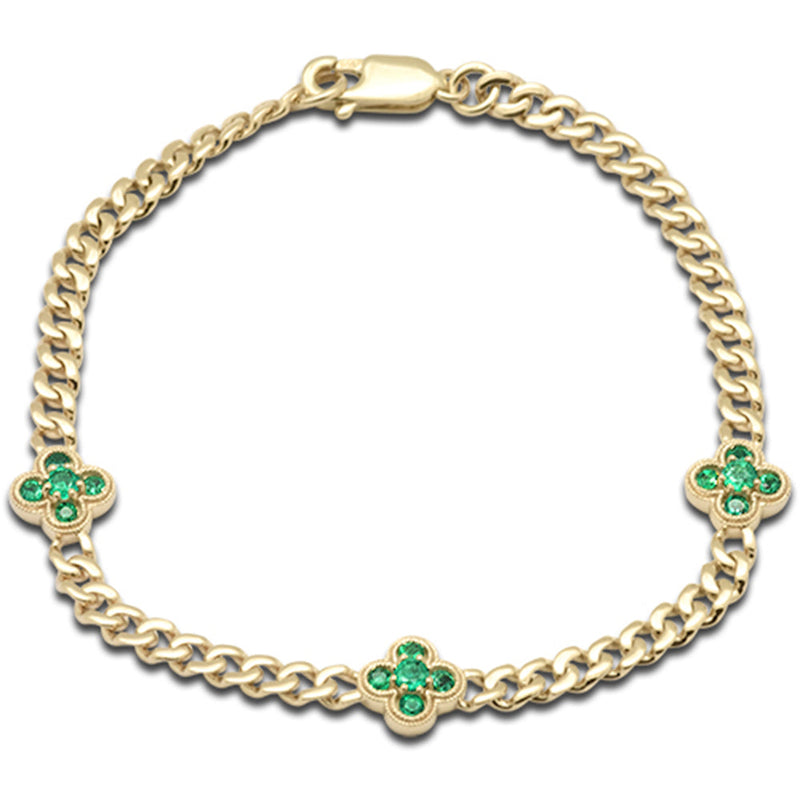 SPECIAL!  .52ct G SI 14K Yellow Gold Emerald Gemstone Flower Cuban Bracelet 7" Long