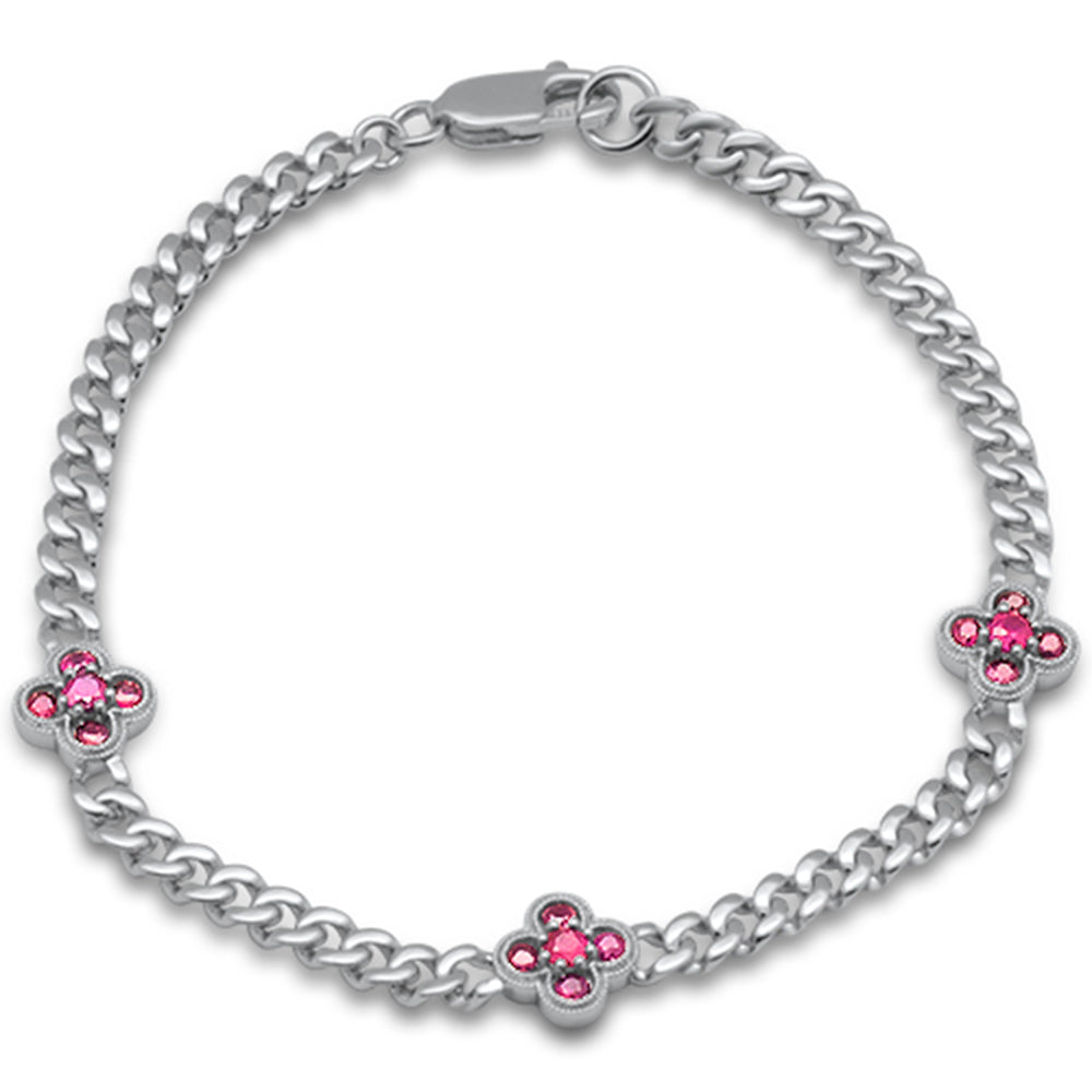 SPECIAL!  .80ct G SI 14K White Gold Ruby Gemstone Flower Cuban Bracelet 7" Long