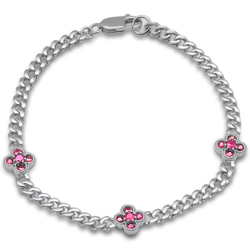 SPECIAL!  .80ct G SI 14K White Gold Ruby Gemstone Flower Cuban Bracelet 7" Long