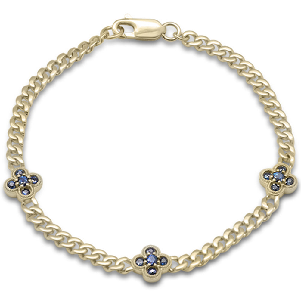 SPECIAL!  .70ct G SI 14K Yellow Gold Blue Sapphire Gemstone Flower Cuban Bracelet 7" Long