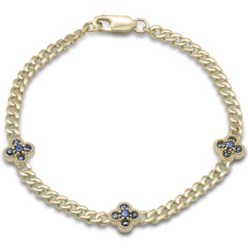 SPECIAL!  .70ct G SI 14K Yellow Gold Blue Sapphire Gemstone Flower Cuban Bracelet 7" Long