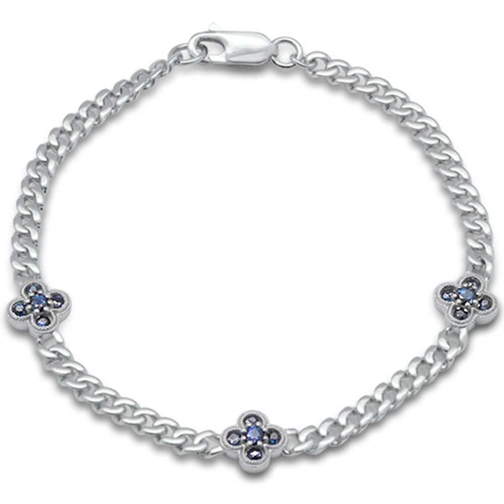 SPECIAL!  .70ct G SI 14K White Gold Blue Sapphire Gemstone Flower Cuban Bracelet 7" Long